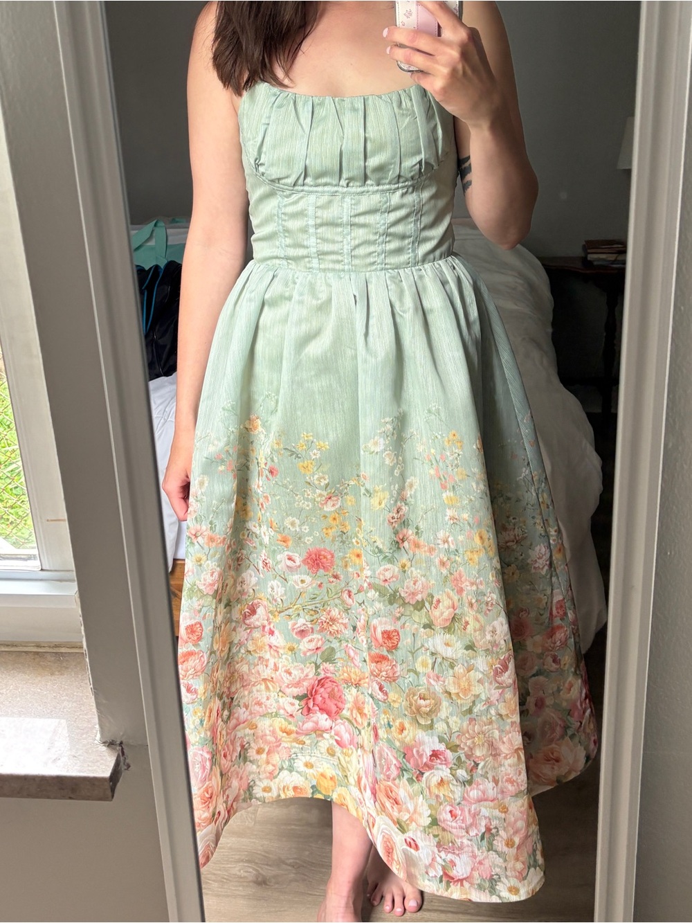 Amantine Boutique Mint Green Floral Tie-Shoulder Midi Dress